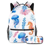 VAPOKF Set di zaini per la scuola con meduse e cavallucci marini acquerellabili per adolescenti, ragazze, ragazzi, bambini, zaino con astuccio per scuola primaria secondaria e superiore