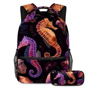 VAPOKF Set di zaini per la scuola con meduse e cavallucci marini luminosi, per adolescenti, ragazze, ragazzi, bambini, zaino per studenti con astuccio per scuola primaria secondaria
