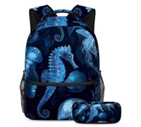 VAPOKF Set di zaini per la scuola con meduse luminose a forma di cavalluccio marino blu per adolescenti, ragazze, ragazzi, bambini, zaino per studenti con astuccio per scuola primaria secondaria
