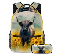 VAPOKF Set di zaini per la scuola con motivo acquerello, mucca e girasoli, per adolescenti, ragazze, ragazzi, bambini, con astuccio per scuola elementare e secondaria
