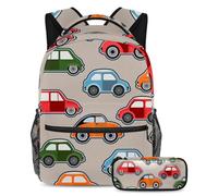 VAPOKF Set di zaini per la scuola con motivo auto colorate per adolescenti, ragazze, ragazzi, bambini, zaino per studenti con astuccio per scuola primaria secondaria, Multi, Taglia unica, Set di zaini