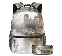 VAPOKF Set di zaini per la scuola con motivo "Cold Winter River Building", per adolescenti, ragazze, ragazzi, bambini, zaino per studenti, con astuccio per scuola elementare e secondaria