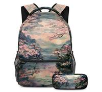 VAPOKF Set di zaini per la scuola con motivo dipinto a olio con paesaggio di lago di ciliegie, per adolescenti, ragazze, ragazzi, bambini, zaino con astuccio per scuola primaria secondaria, Multi,