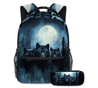 VAPOKF Set di zaini per la scuola con motivo lupi della foresta notturna, per adolescenti, ragazze, ragazzi, bambini, zaino con astuccio per scuola elementare secondaria e secondaria, Multi, Taglia