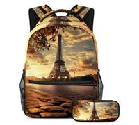 VAPOKF Set di zaini per la scuola con motivo Torre di Parigi, paesaggio lago, per adolescenti, ragazze, ragazzi, bambini, zaino con astuccio per scuola primaria secondaria, Multi, Taglia unica, Set di