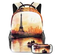 VAPOKF Set di zaini per la scuola con motivo "Young Lovers on Paris Tower Lake", per adolescenti, ragazze, ragazzi, bambini, zaino con astuccio per scuola primaria e secondaria, Multi, Taglia unica
