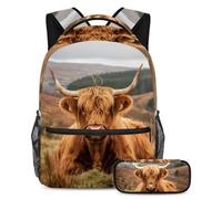 VAPOKF Set di zaini per la scuola con mucca scozzese che si siede sulle Highlands, per adolescenti, ragazze, ragazzi, bambini, zaino con astuccio per scuola elementare secondaria, Multi, Taglia unica,