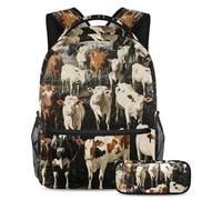 VAPOKF Set di zaini per la scuola con mucche e bovini con animali della fattoria, per adolescenti, ragazze, ragazzi, bambini, zaino per studenti con astuccio per scuola primaria secondaria, Multi