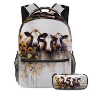 VAPOKF Set di zaini per la scuola con mucche, girasoli, recinto, per adolescenti, ragazze, ragazzi, bambini, zaino per studenti con astuccio per scuola primaria secondaria