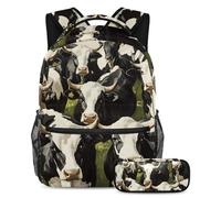 VAPOKF Set di zaini per la scuola con mucche sulla fattoria, per adolescenti, ragazze, ragazzi, bambini, zaino per studenti con astuccio per scuola primaria secondaria, Multi, Taglia unica, Set di