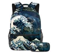 VAPOKF Set di zaini per la scuola con onde giapponesi per adolescenti, ragazze, ragazzi, bambini, zaino per studenti con astuccio per scuola primaria secondaria, Multi, Taglia unica, Set di zaini per