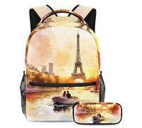 VAPOKF Set di zaini per la scuola con paesaggio di Parigi acquerello, per adolescenti, ragazze, ragazzi, bambini, zaino con astuccio per scuola primaria, secondaria, junior, Multi, Taglia unica, Set