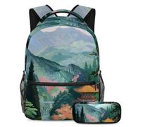 VAPOKF Set di zaini per la scuola con pittura delle montagne del tempio, per adolescenti, ragazze, ragazzi, bambini, zaino per studenti con astuccio per scuola primaria secondaria, Multi, Taglia