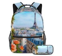 VAPOKF Set di zaini per la scuola con rose rosse romantiche di Parigi, per adolescenti, ragazze, ragazzi, bambini, zaino per studenti con astuccio per scuola primaria secondaria