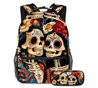 VAPOKF Set di zaini per la scuola con scheletro del giorno dei morti, per adolescenti, ragazze, ragazzi, bambini, zaino con astuccio per scuola elementare secondaria, Multi, Taglia unica, Set di zaini