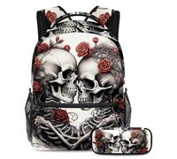 VAPOKF Set di zaini per la scuola con scheletro e teschio, con rosa rossa, per adolescenti, ragazze, ragazzi, bambini, zaino con astuccio per scuola primaria secondaria, Multi, Taglia unica, Set di