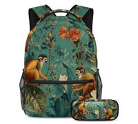 VAPOKF Set di zaini per la scuola con scimmia, foglie tropicali e fiori, per adolescenti, ragazze, ragazzi, bambini, zaino con astuccio per scuola primaria secondaria