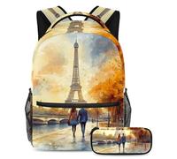 VAPOKF Set di zaini per la scuola con scritta "Lovers on the Paris", per adolescenti, ragazze, ragazzi, bambini, zaino con astuccio per scuola elementare e secondaria, Multi, Taglia unica, Set di