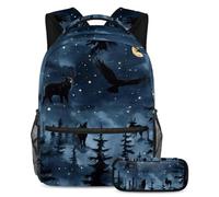 VAPOKF Set di zaini per la scuola con silhouette di animali selvatici della foresta notturna, per adolescenti, ragazze, ragazzi, bambini, zaino con astuccio per scuola elementare secondaria, Multi