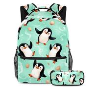 VAPOKF Set di zaini per la scuola con simpatici pinguini e conchiglie per adolescenti, ragazze, ragazzi, bambini, zaino per studenti con astuccio per scuola primaria secondaria
