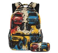 VAPOKF Set di zaini per la scuola con stampa di Monster Trucks per adolescenti, ragazze, ragazzi e bambini, zaino con astuccio per scuola elementare secondaria, Multi, Taglia unica, Set di zaini per