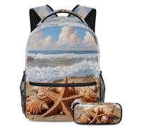 VAPOKF Set di zaini per la scuola con stella marina, conchiglie sulla spiaggia, per adolescenti, ragazze, ragazzi, bambini, zaino con astuccio per scuola elementare secondaria, Multi, Taglia unica,