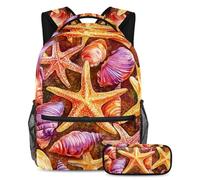 VAPOKF Set di zaini per la scuola con stella marina e conchiglie per adolescenti, ragazze, ragazzi, bambini, zaino per studenti con astuccio per scuola primaria secondaria, Multi, Taglia unica, Set di