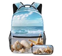 VAPOKF Set di zaini per la scuola con stella marina e conchiglie sulla spiaggia, per adolescenti, ragazze, ragazzi, bambini, zaino con astuccio per scuola primaria secondaria, Multi, Taglia unica, Set