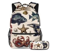 VAPOKF Set di zaini per la scuola con stelle marine, meduse, per adolescenti, ragazze, ragazzi, bambini, zaino con astuccio per scuola primaria secondaria e media