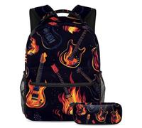 VAPOKF Set di zaini per la scuola con strumenti di chitarra che bruciano, per adolescenti, ragazze, ragazzi, bambini, zaino per studenti con astuccio per scuola primaria secondaria, Multi, Taglia