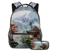 VAPOKF Set di zaini per la scuola con tempio del Monte Fuji, per adolescenti, ragazze, ragazzi, bambini, zaino con astuccio per scuola primaria e secondaria, Multi, Taglia unica, Set di zaini per la