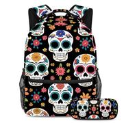 VAPOKF Set di zaini per la scuola con teschi di zucchero e fiori per adolescenti, ragazze, ragazzi, bambini, zaino per studenti con astuccio per scuola primaria secondaria