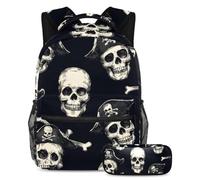 VAPOKF Set di zaini per la scuola con teschi e pirati, per adolescenti, ragazze, ragazzi, bambini, zaino con astuccio per scuola elementare secondaria, Multi, Taglia unica, Set di zaini per la scuola