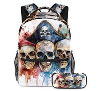 VAPOKF Set di zaini per la scuola con teschi pirati acquerellabili, per adolescenti, ragazze, ragazzi, bambini, zaino per studenti con astuccio per scuola primaria secondaria, Multi, Taglia unica, Set