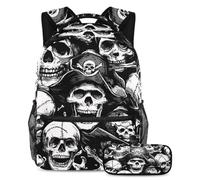 VAPOKF Set di zaini per la scuola con teschi pirati e ossa, per adolescenti, ragazze, ragazzi, bambini, zaino per studenti con astuccio per scuola primaria secondaria, Multi, Taglia unica, Set di