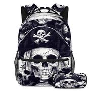 VAPOKF Set di zaini per la scuola con teschi pirati per adolescenti, ragazze, ragazzi, bambini, zaino con astuccio per scuola elementare secondaria, Multi, Taglia unica, Set di zaini per la scuola