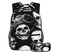 VAPOKF Set di zaini per la scuola con teschi pirati per adolescenti, ragazze, ragazzi, bambini, zaino con astuccio per scuola elementare secondaria, Multi, Taglia unica, Set di zaini per la scuola