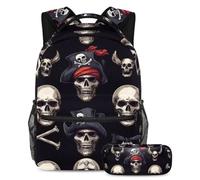 VAPOKF Set di zaini per la scuola con teschi pirati per adolescenti, ragazze, ragazzi, bambini, zaino con astuccio per scuola elementare secondaria, Multi, Taglia unica, Set di zaini per la scuola