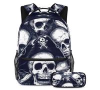 VAPOKF Set di zaini per la scuola con teschi pirati per adolescenti, ragazze, ragazzi, bambini, zaino con astuccio per scuola elementare secondaria, Multi, Taglia unica, Set di zaini per la scuola