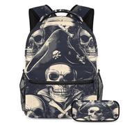 VAPOKF Set di zaini per la scuola con teschi pirati per adolescenti, ragazze, ragazzi, bambini, zaino con astuccio per scuola elementare secondaria, Multi, Taglia unica, Set di zaini per la scuola