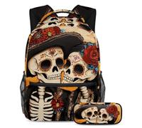 VAPOKF Set di zaini per la scuola con teschio e scheletro del giorno dei morti, per adolescenti, ragazze, ragazzi, bambini, zaino con astuccio per scuola elementare secondaria, Multi, Taglia unica