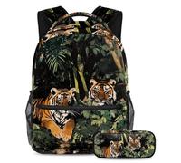 VAPOKF Set di zaini per la scuola con tigri che si trovano sulla foresta, per adolescenti, ragazze, ragazzi, bambini, zaino con astuccio per scuola elementare secondaria, Multi, Taglia unica, Set di