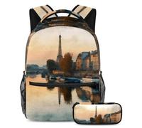 VAPOKF Set di zaini per la scuola con Torre di Parigi, motivo: Seine River at Dusk, per adolescenti, ragazze, ragazzi, bambini, con astuccio per scuola elementare, secondaria