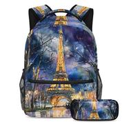 VAPOKF Set di zaini per la scuola con Torre Eiffel e scritta "Night Eiffel Street", per adolescenti, ragazze, ragazzi, bambini, zaino con astuccio per scuola elementare, secondaria, Multi, Taglia