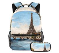 VAPOKF Set di zaini per la scuola con Torre Eiffer Francia con paesaggio urbano per adolescenti, ragazze, ragazzi, bambini, zaino con astuccio per scuola primaria secondaria