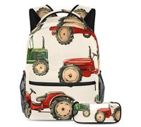 VAPOKF Set di zaini per la scuola con trattori rossi e verdi per adolescenti, ragazze, ragazzi, bambini, zaino con astuccio per scuola elementare secondaria e media, Multi, Taglia unica, Set di zaini