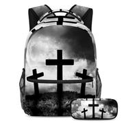VAPOKF Set di zaini per la scuola con tre croci su Spooky Hill, per adolescenti, ragazze, ragazzi, bambini, zaino con astuccio per scuola elementare secondaria, Multi, Taglia unica, Set di zaini per