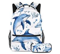 VAPOKF Set di zaini per la scuola con tre delfini per adolescenti, ragazze, ragazzi, bambini, zaino per studenti con astuccio per scuola primaria secondaria, Multi, Taglia unica, Set di zaini per la
