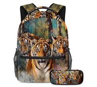 VAPOKF Set di zaini per la scuola con tre tigri sulla foresta per adolescenti, ragazze, ragazzi, bambini, zaino per studenti con astuccio per scuola primaria secondaria, Multi, Taglia unica, Set di