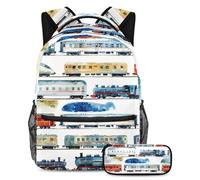 VAPOKF Set di zaini per la scuola con treno e ferrovia ad acquerello, per adolescenti, ragazze, ragazzi, bambini, zaino con astuccio per scuola elementare secondaria e media, Multi, Taglia unica, Set